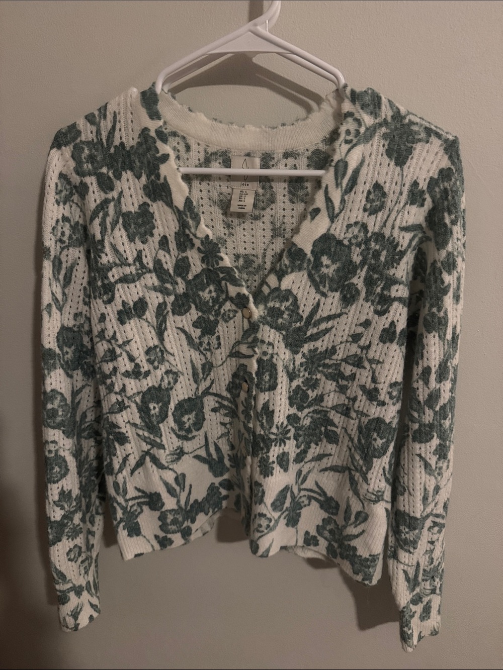 Joie White Cardigan with Teal Floral Motif
